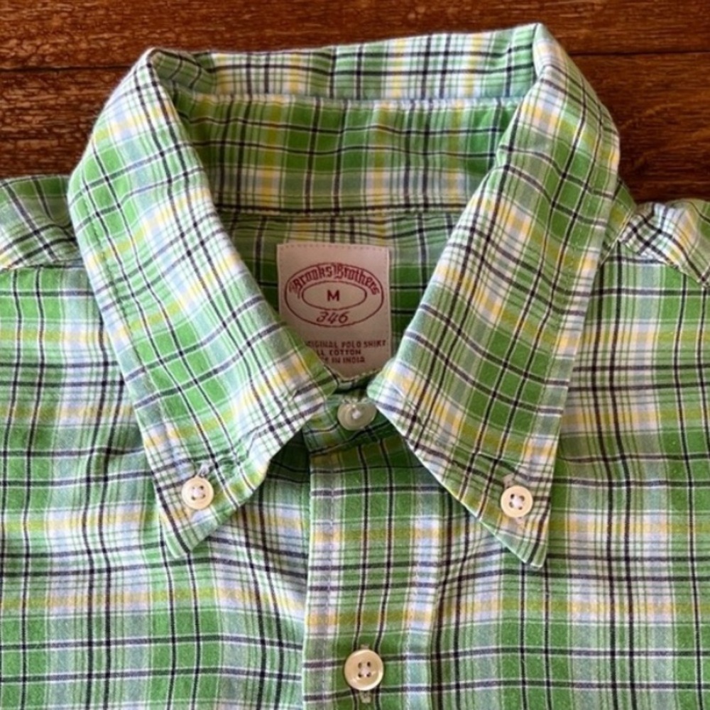Brooks Brothers 346 Button Down Short Sleeve Shirt Mens Green Plaid Medium
